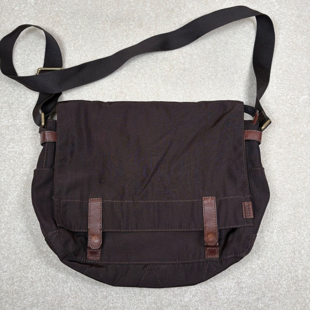 Fossil Brown Nylon Messenger Bag Leather Trim‎ Crossbody Field Bag Adjustable